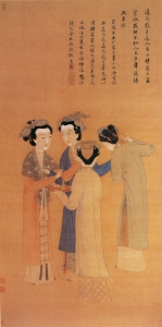 Pittura della prima dinastia Shu: una rappresentazione di dame di corte del pittore Tang Yin (1470-1524). Da notare le elaborate decorazioni sui capelli delle signore, in paragone con gli stili pi&ugrave; modesti dei loro servitori. Erano probabilmente donne sposate di una famiglia di grandi dimensioni.