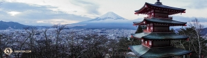 Uno sguardo al vulcano dietro a una tradizionale pagoda (foto di Kenji Kobayashi)