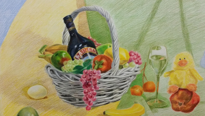 1 novembre 2016: il quadro non ha abbastanza profondit&agrave;, quindi aggiungo due clementine e un ciuffo d'uva nella parte posteriore. Pensare alle ore di lavoro che questi piccoli frutti richiederanno mi fa venir voglia di piangere.