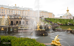 I giardini del Palazzo di Peterhof a San Pietroburgo, in Russia, contengono oltre 200 statue e 144 fontane su 200 ettari di terra. La grande cascata di fontane che conduce ai gradini del palazzo è composta da sola di 64 fontane 