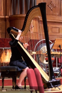 L'arpista Shirley Guo prende tempo per accordare il suo strumento prima del concerto