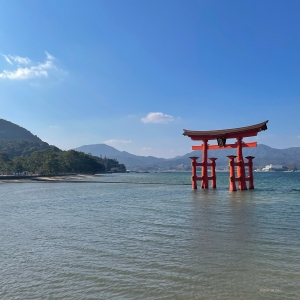 Uno dei siti più noti del Giappone, l'O-Torii (Grande Porta Torii) sembra galleggiare nel mare durante l'alta marea.